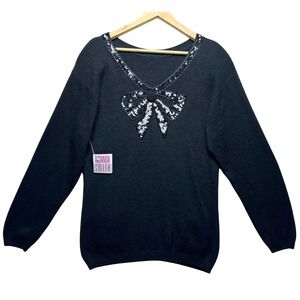 Vintage Sweater Sequined Bow‎ V-Neck Black Old Money Knit Glam Wool Blend Retro